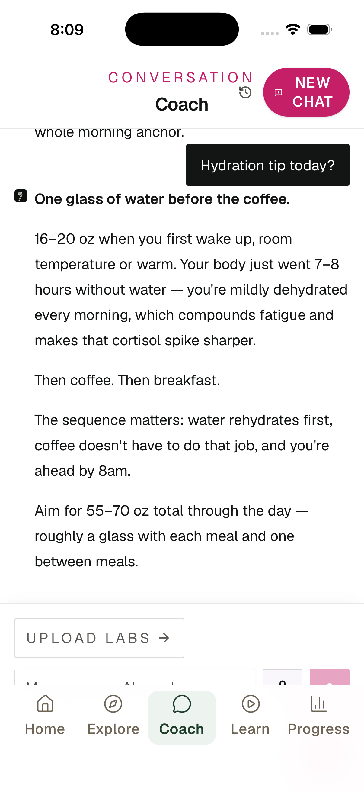 Actual Aliza coach conversation offering a practical morning hydration step