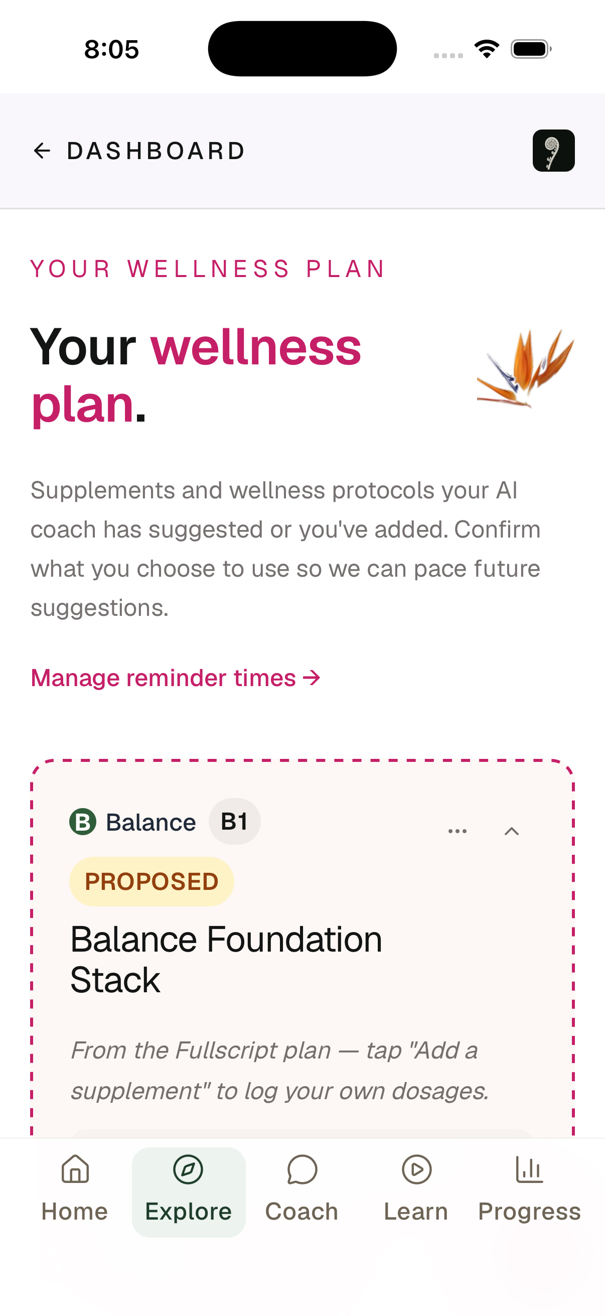 Actual Aliza wellness protocol screen in the fictional Dana account