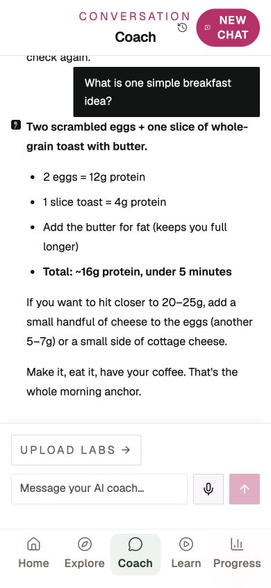 Aliza app screenshot: a coach conversation over breakfast