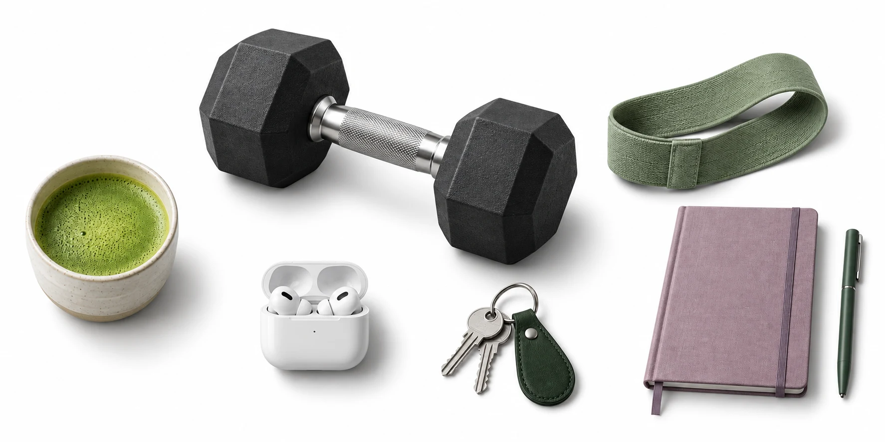 Gym dumbbell, resistance band, matcha, earbuds, keys and journal, individually arranged on white